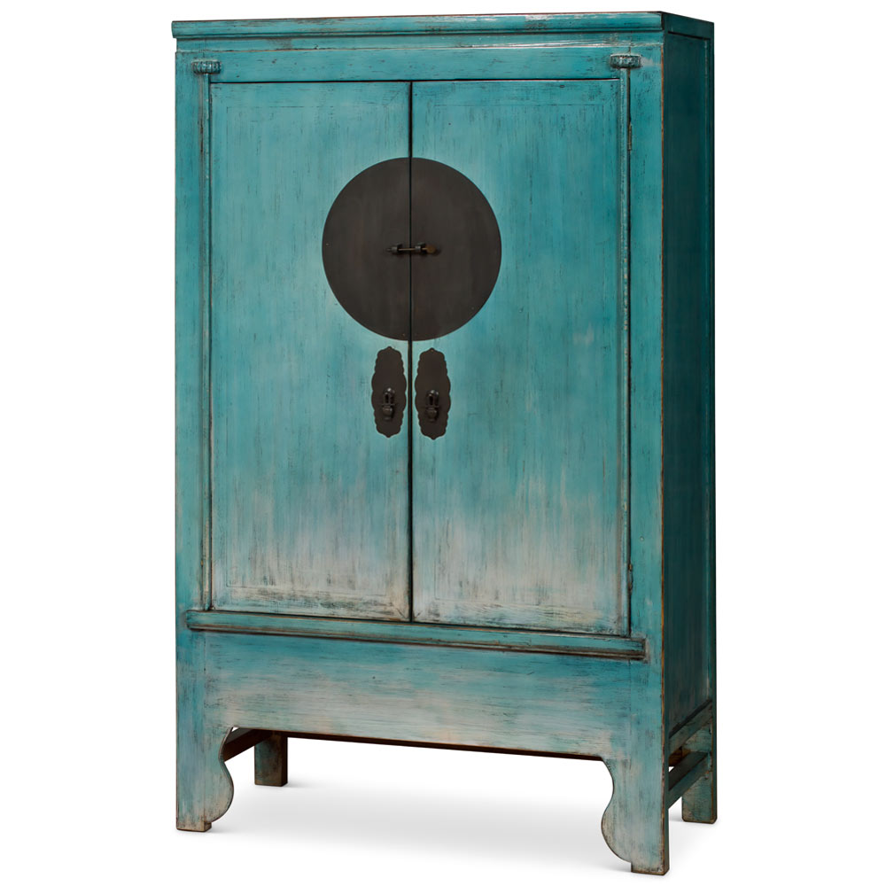 Distressed Sky Blue Elmwood Chinese Ming Wedding Armoire