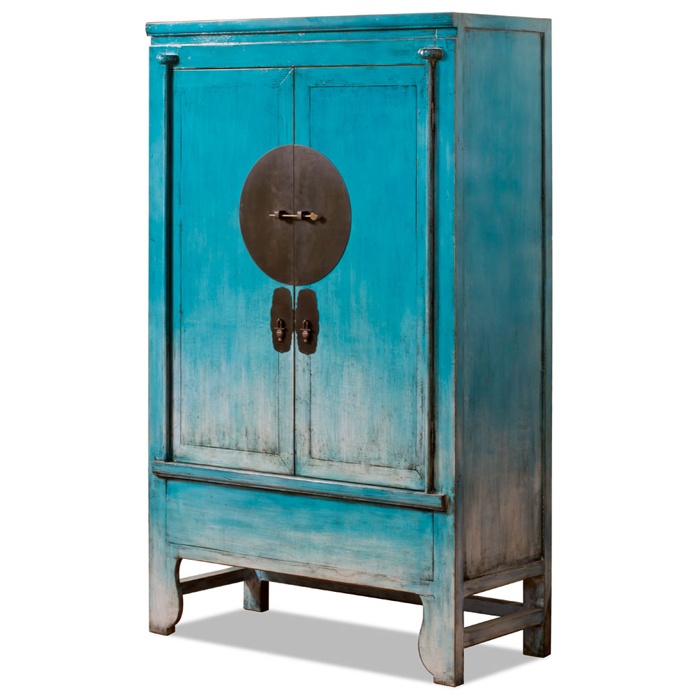 Distressed Sky Blue Elmwood Chinese Ming Wedding Armoire