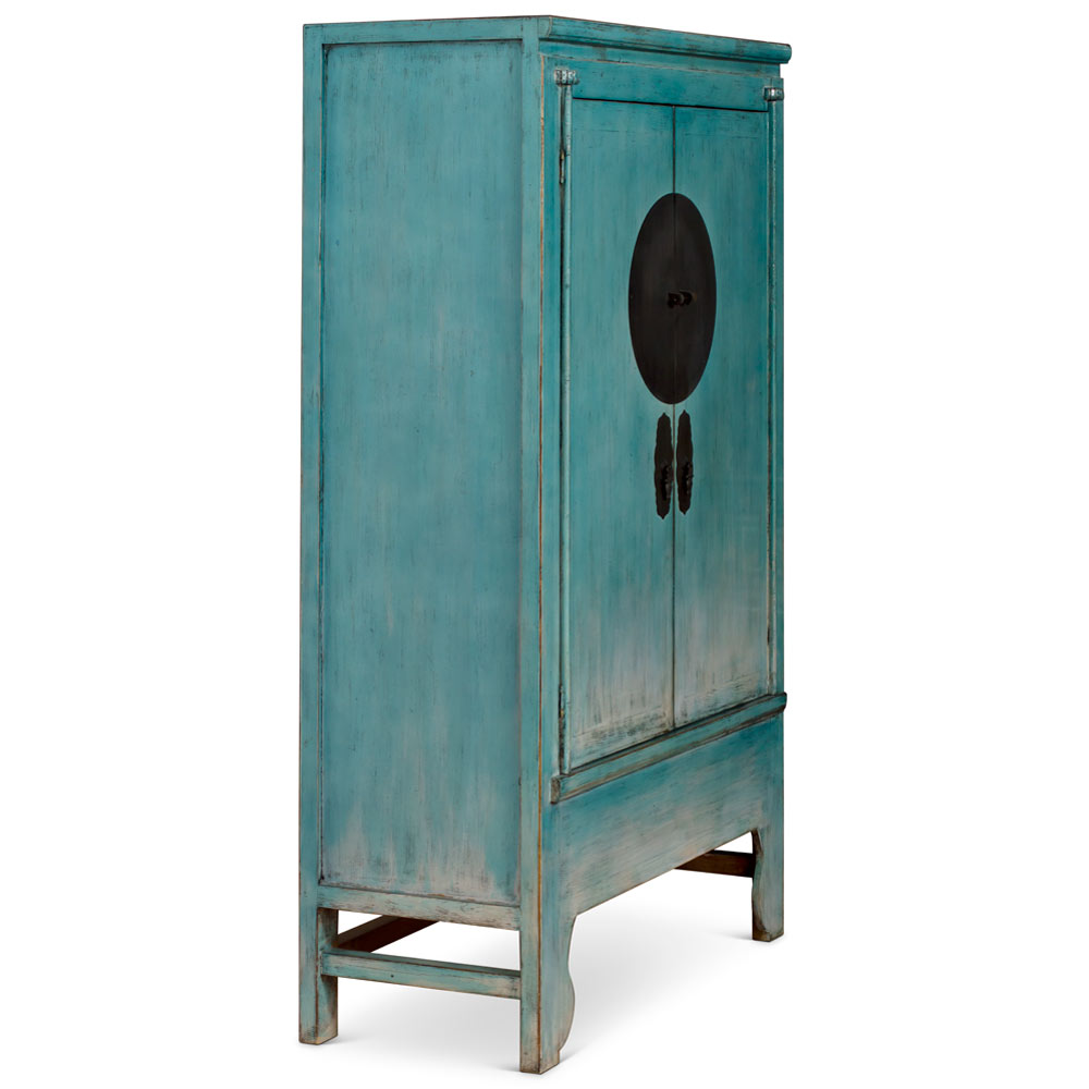 Distressed Sky Blue Elmwood Chinese Ming Wedding Armoire