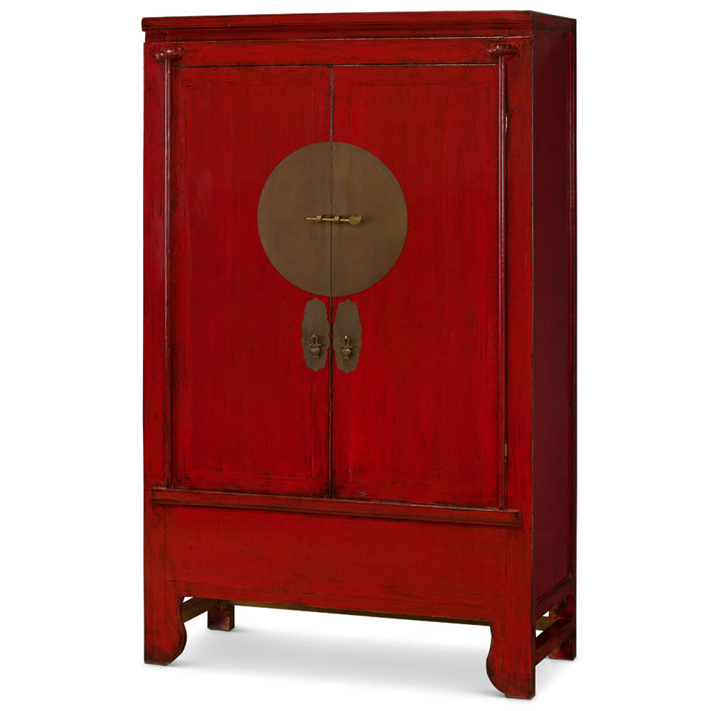 Distressed Red Elmwood Chinese Ming Wedding Armoire