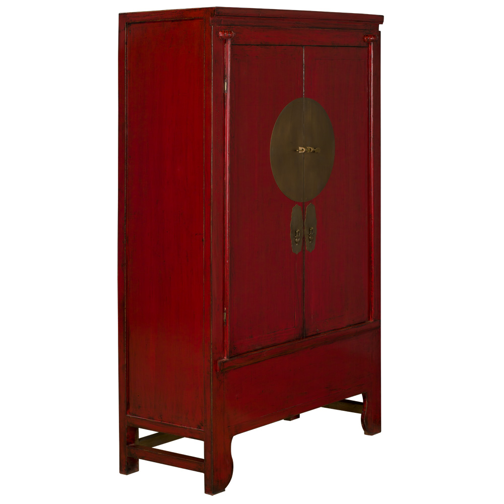 Distressed Red Elmwood Chinese Ming Wedding Armoire