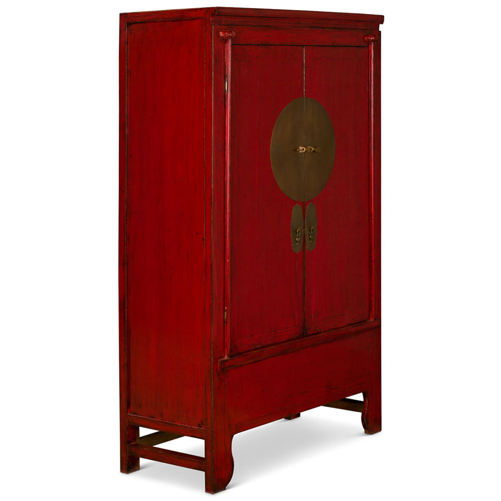 Distressed Red Elmwood Chinese Ming Wedding Armoire