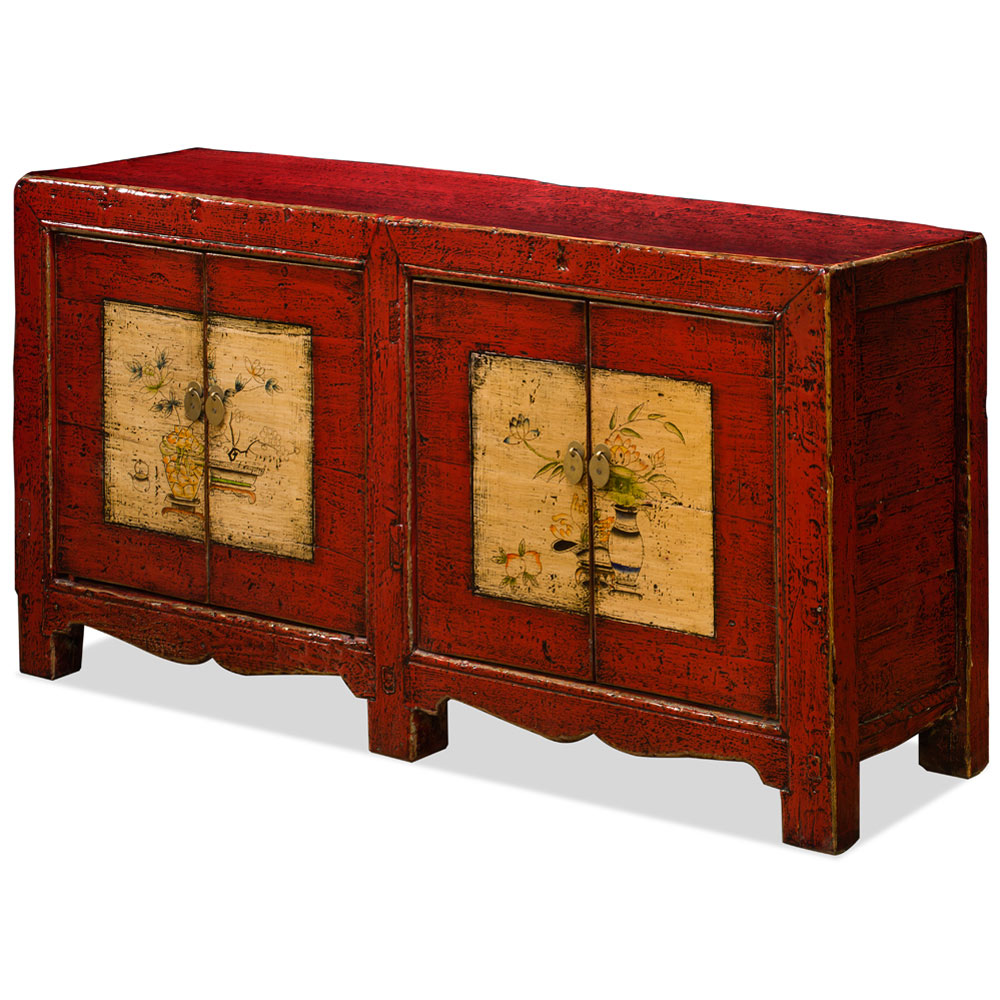 Hand Painted Distressed Red Flower Still Life Elmwood Tibetan Cabinet