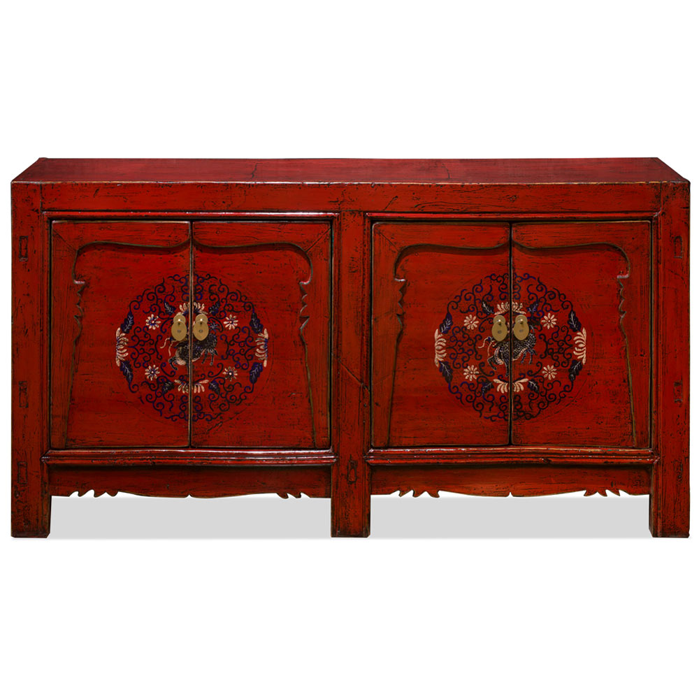 Hand Painted Distressed Red Elmwood Tibetan Cabinet