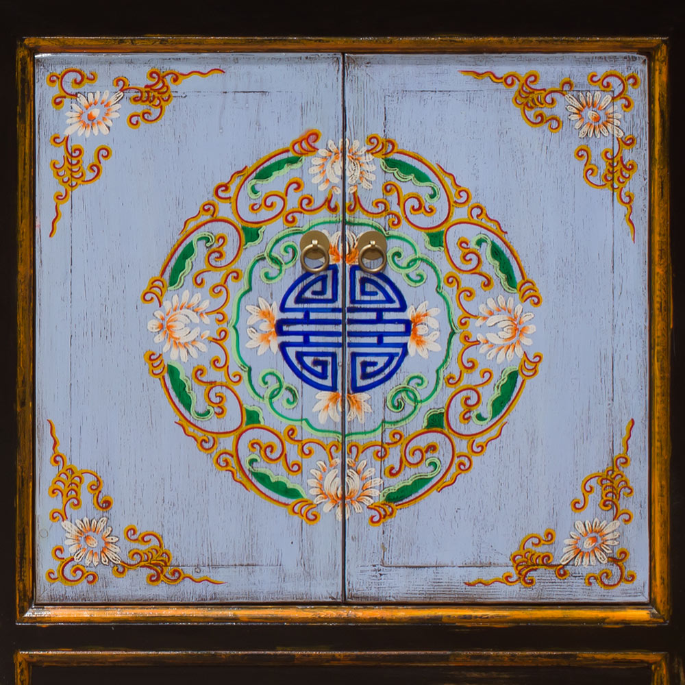 Hand Painted Distressed Light Blue Elmwood Tibetan Cabinet