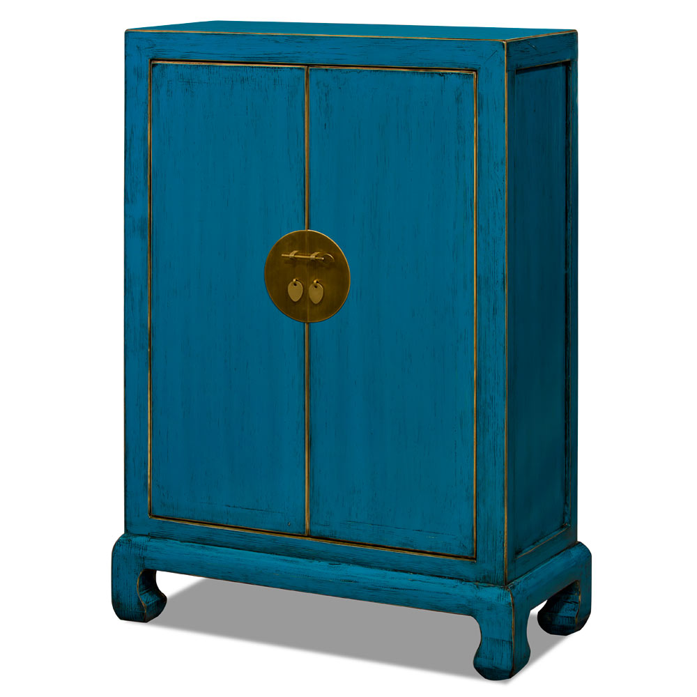 Distressed Turquoise Elmwood Chinese Ming Cabinet