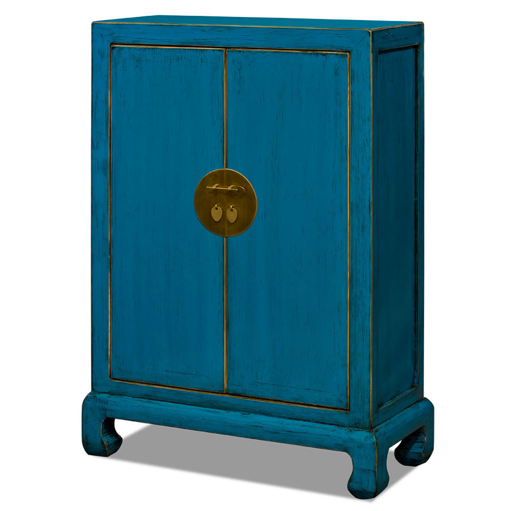 Distressed Turquoise Elmwood Chinese Ming Cabinet