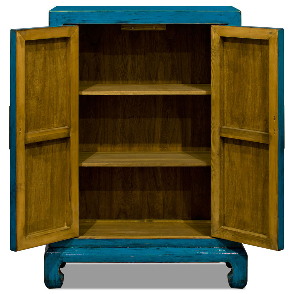 Distressed Turquoise Elmwood Chinese Ming Cabinet