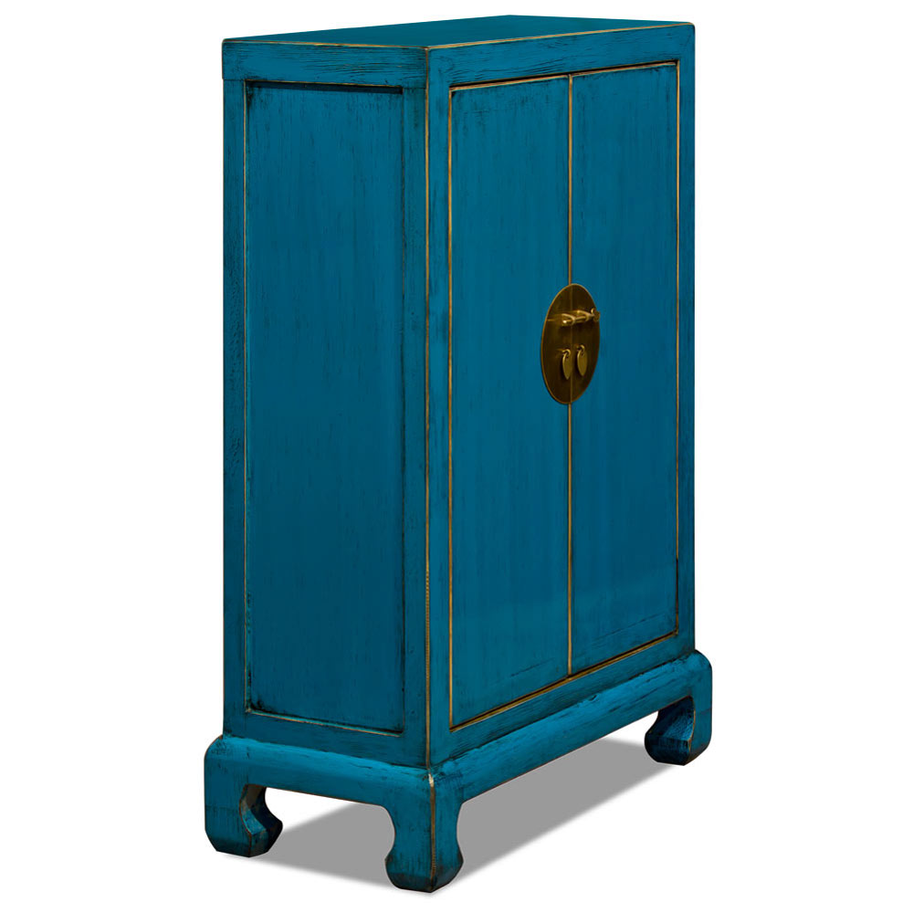 Distressed Turquoise Elmwood Chinese Ming Cabinet