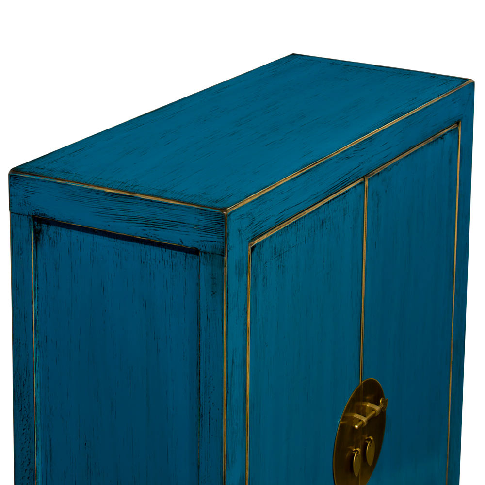 Distressed Turquoise Elmwood Chinese Ming Cabinet