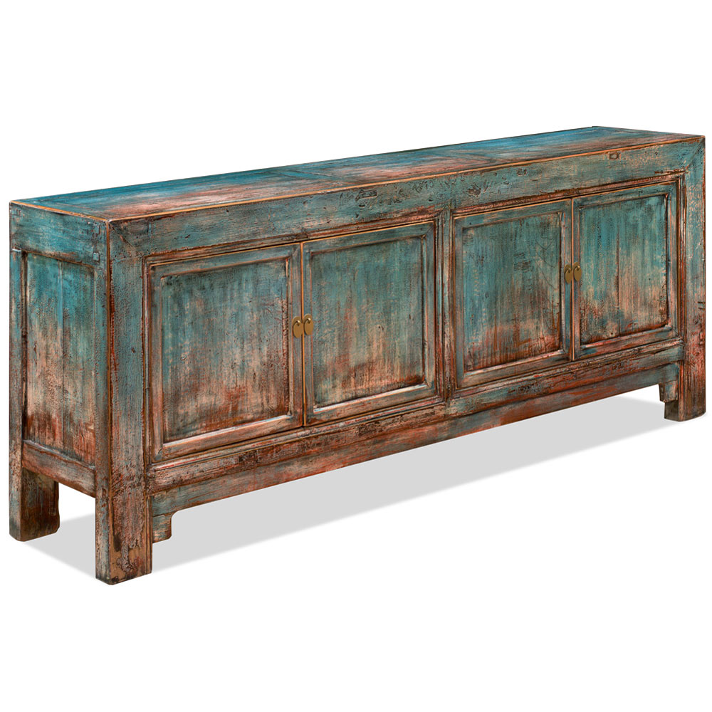 Distressed Light Blue Elmwood Mandarin Oriental Cabinet