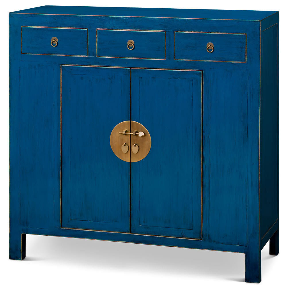 Distressed Aqua Blue Elmwood Ming Style Asian Sideboard