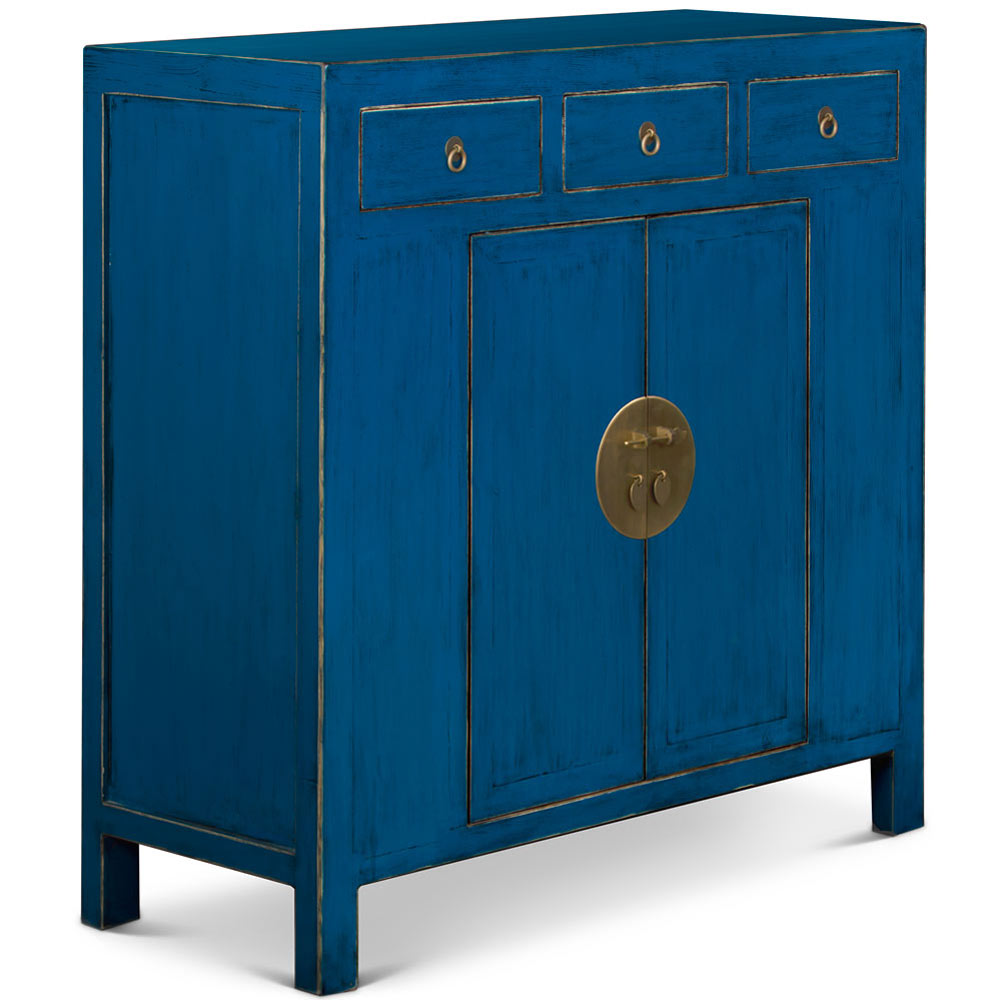 Distressed Aqua Blue Elmwood Ming Style Asian Sideboard