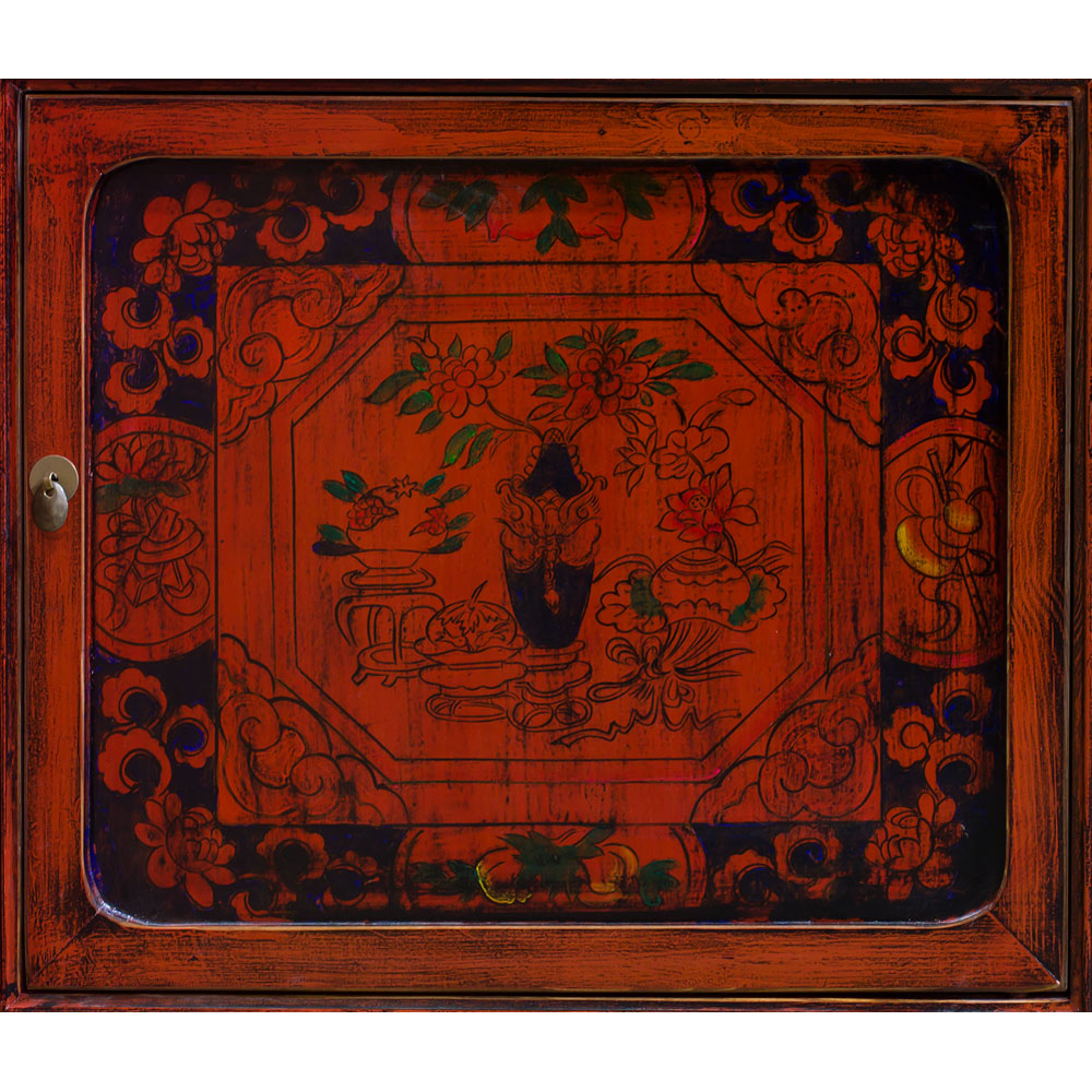 Elmwood Distressed Orange Still Life Motif Tibetan Cabinet
