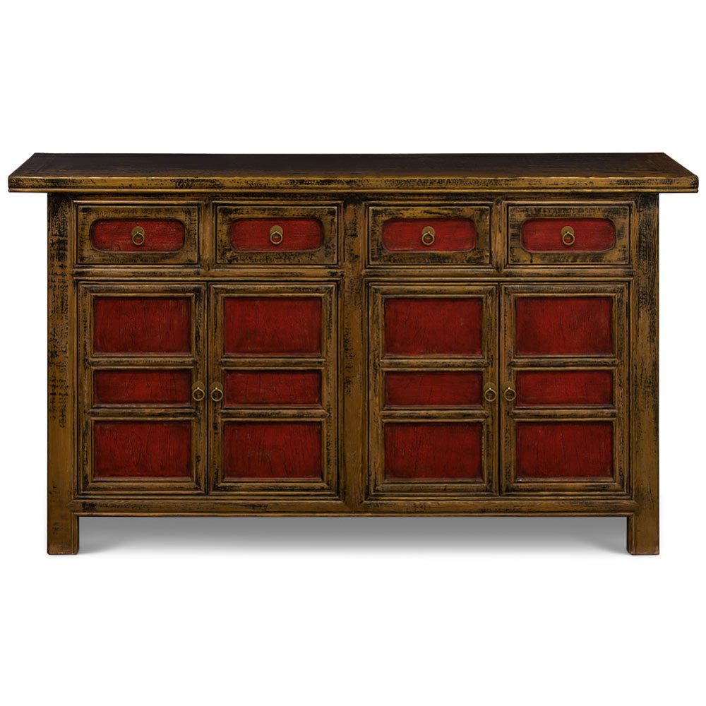 Distressed Red Elmwood Chinese Mandarin Altar Cabinet