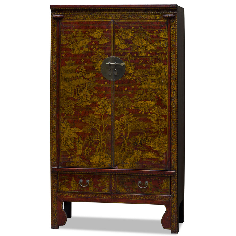 Elmwood Rustic and Gold Chinoiserie Chinese  Mandarin Armoire