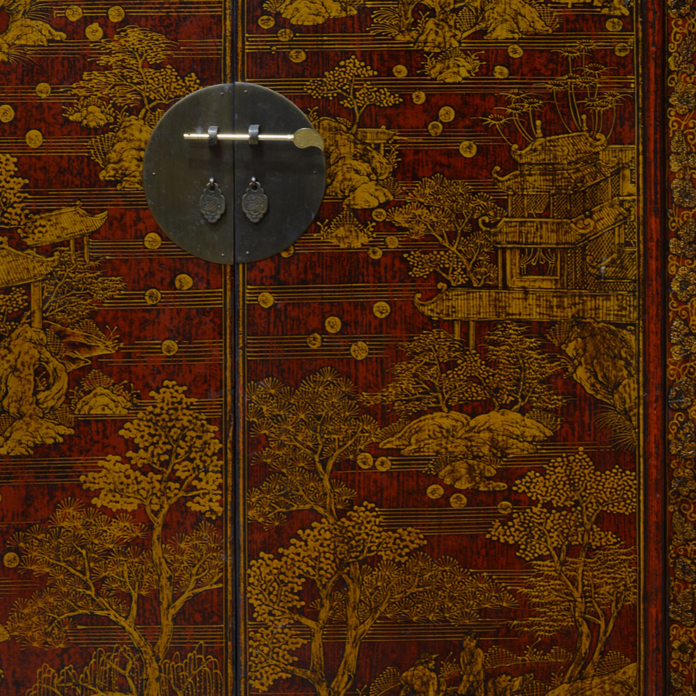 Elmwood Rustic and Gold Chinoiserie Chinese  Mandarin Armoire