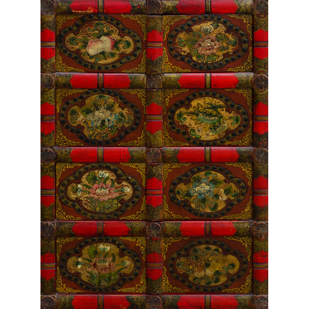 Hand Painted Red and Sienna Floral Motif Tibetan Chest