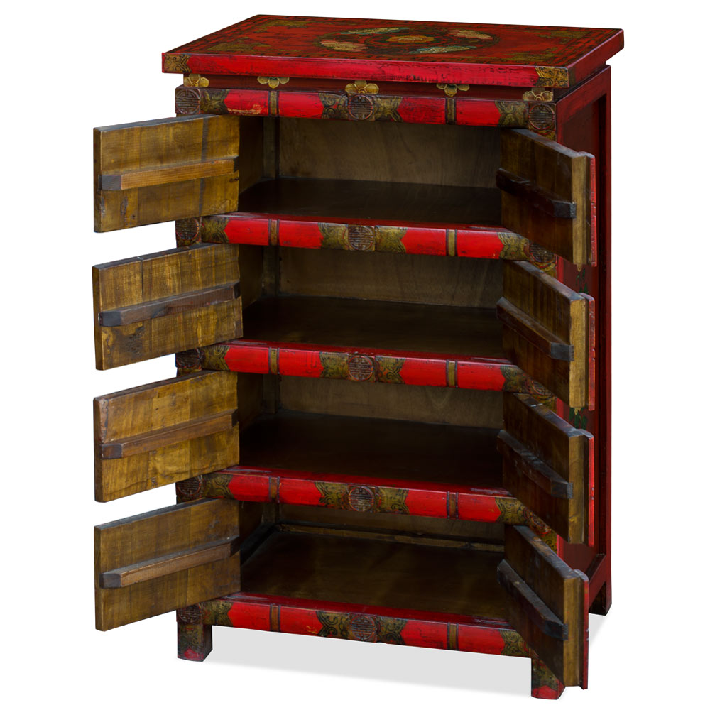 Hand Painted Red and Sienna Floral Motif Tibetan Chest