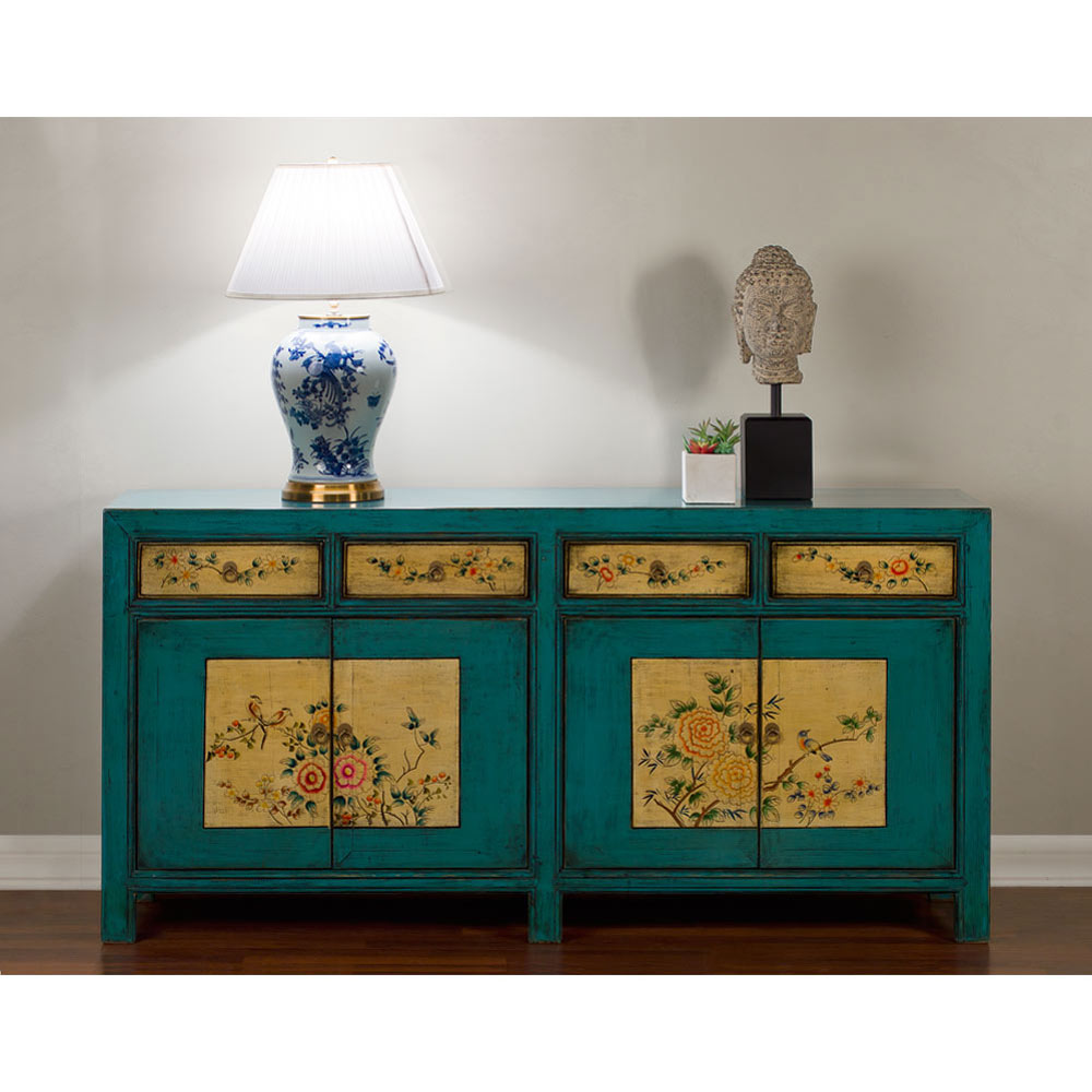 Hand Painted Distressed Aqua Blue Flower and Bird Elmwood Tibetan Sideboard