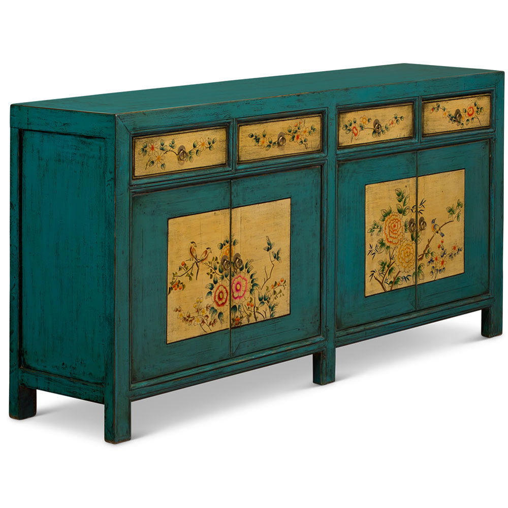 Hand Painted Distressed Aqua Blue Flower and Bird Elmwood Tibetan Sideboard