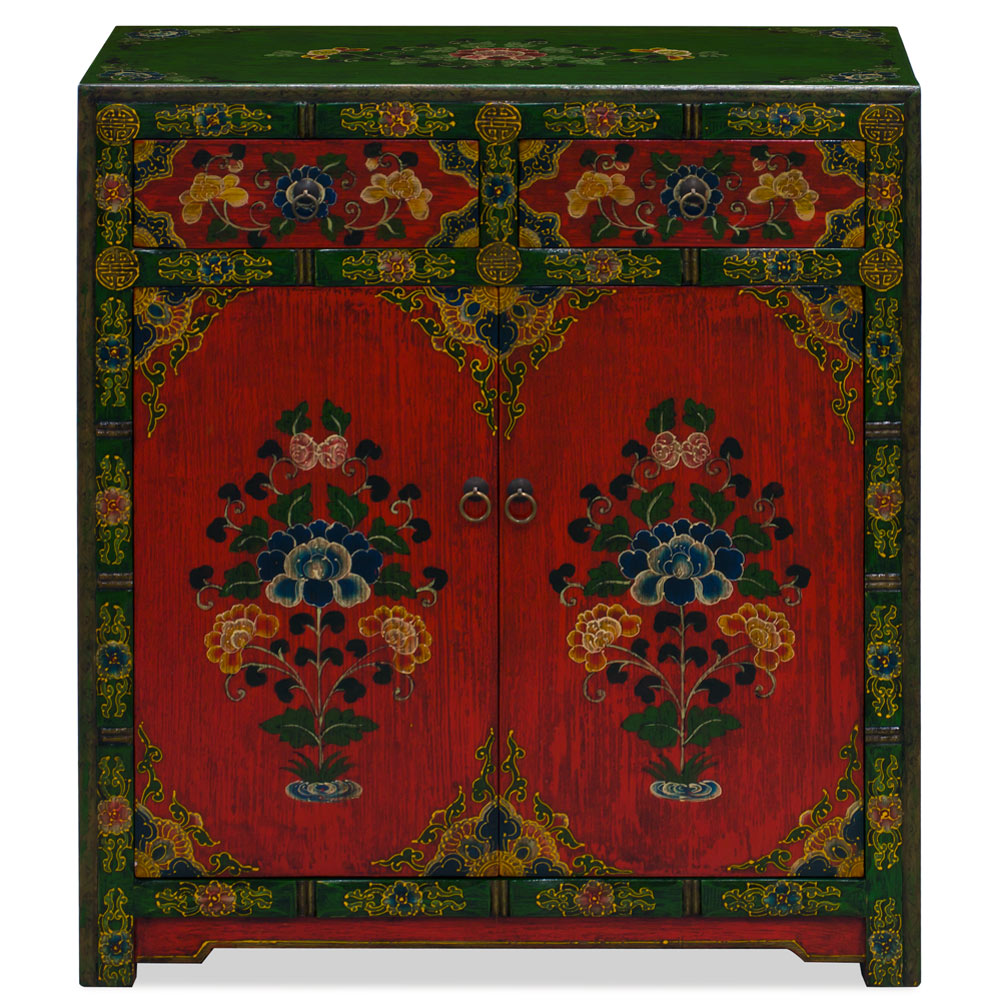 Hand Painted Red and Green Peony Motif Tibetan Chest