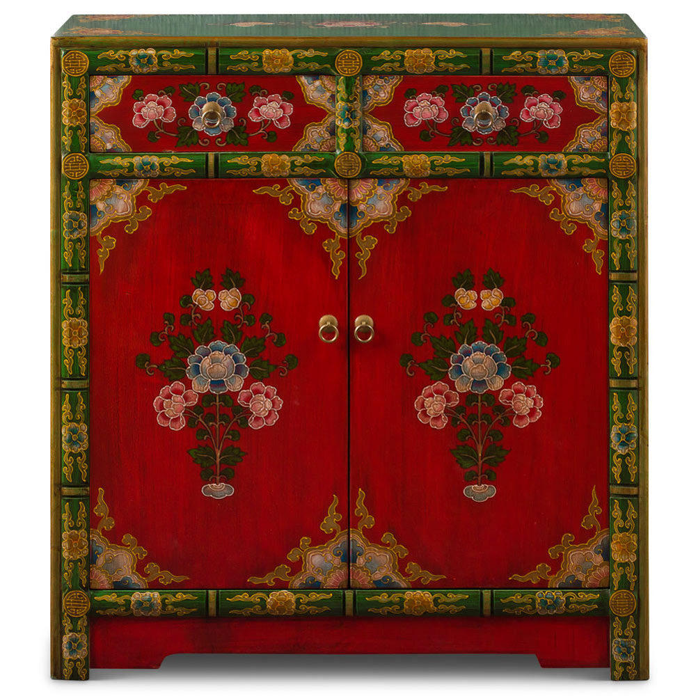 Hand Painted Red and Green Peony Motif Tibetan Chest