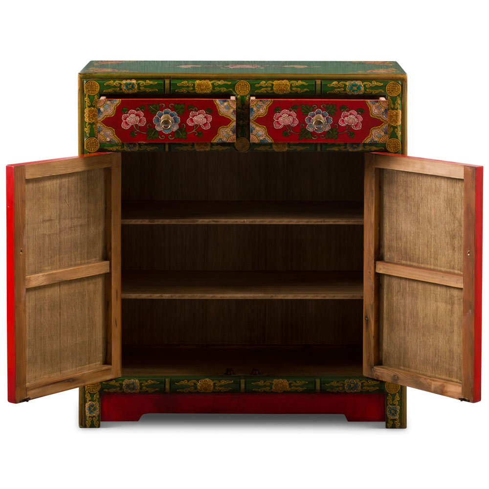 Hand Painted Red and Green Peony Motif Tibetan Chest