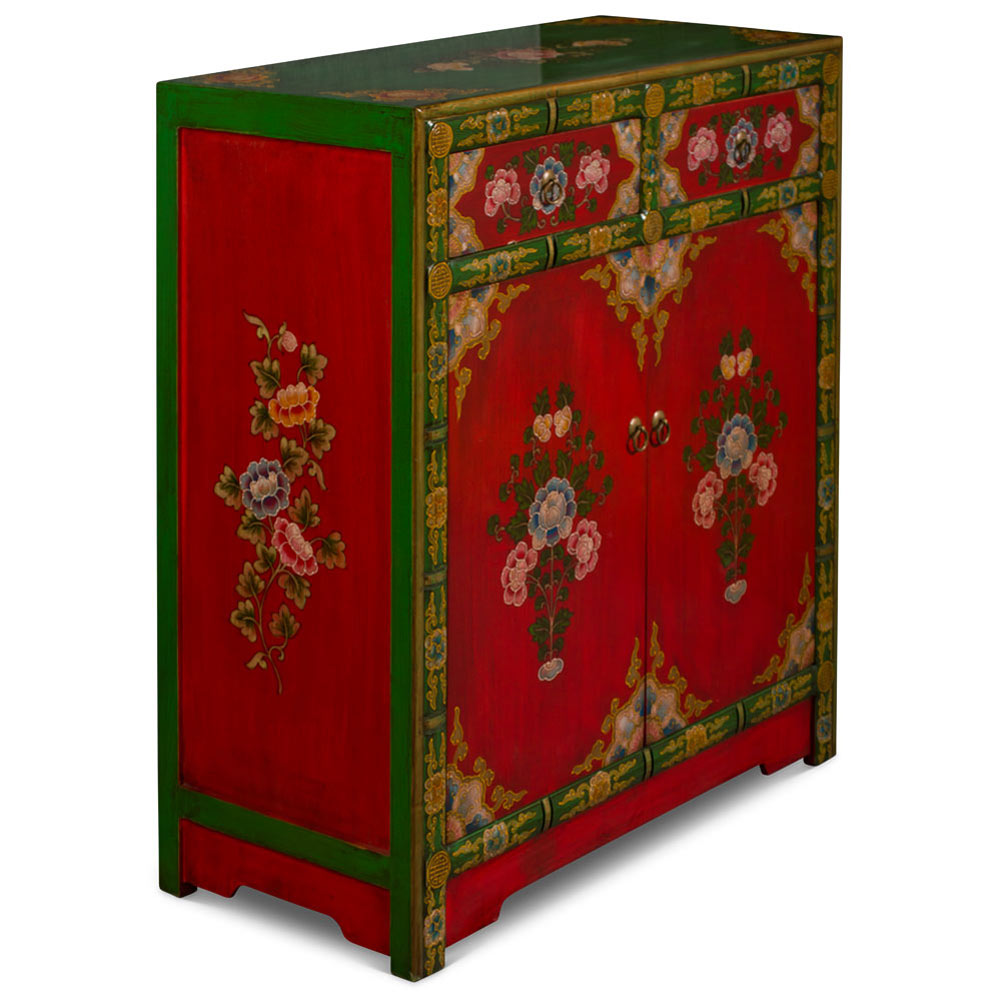 Hand Painted Red and Green Peony Motif Tibetan Chest