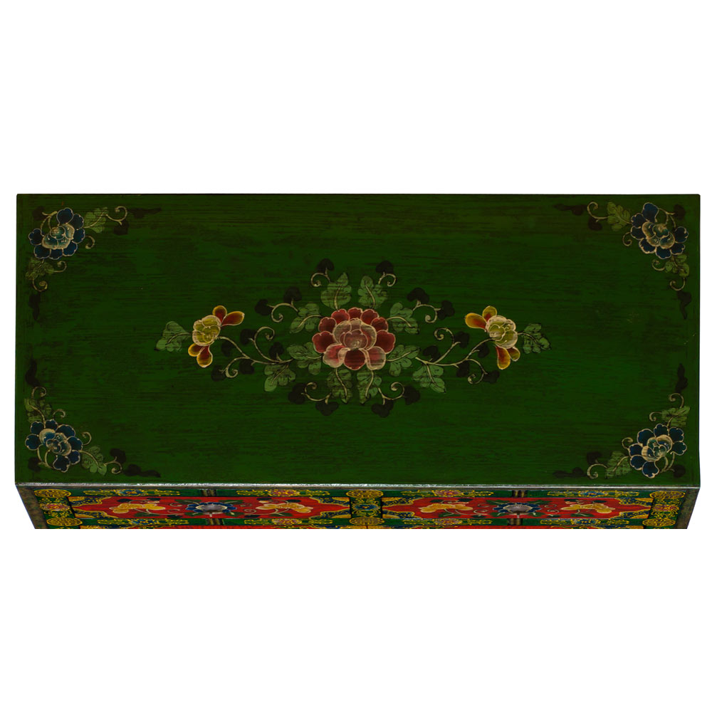 Hand Painted Red and Green Peony Motif Tibetan Chest