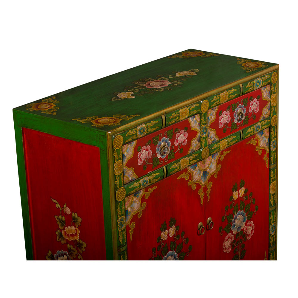 Hand Painted Red and Green Peony Motif Tibetan Chest