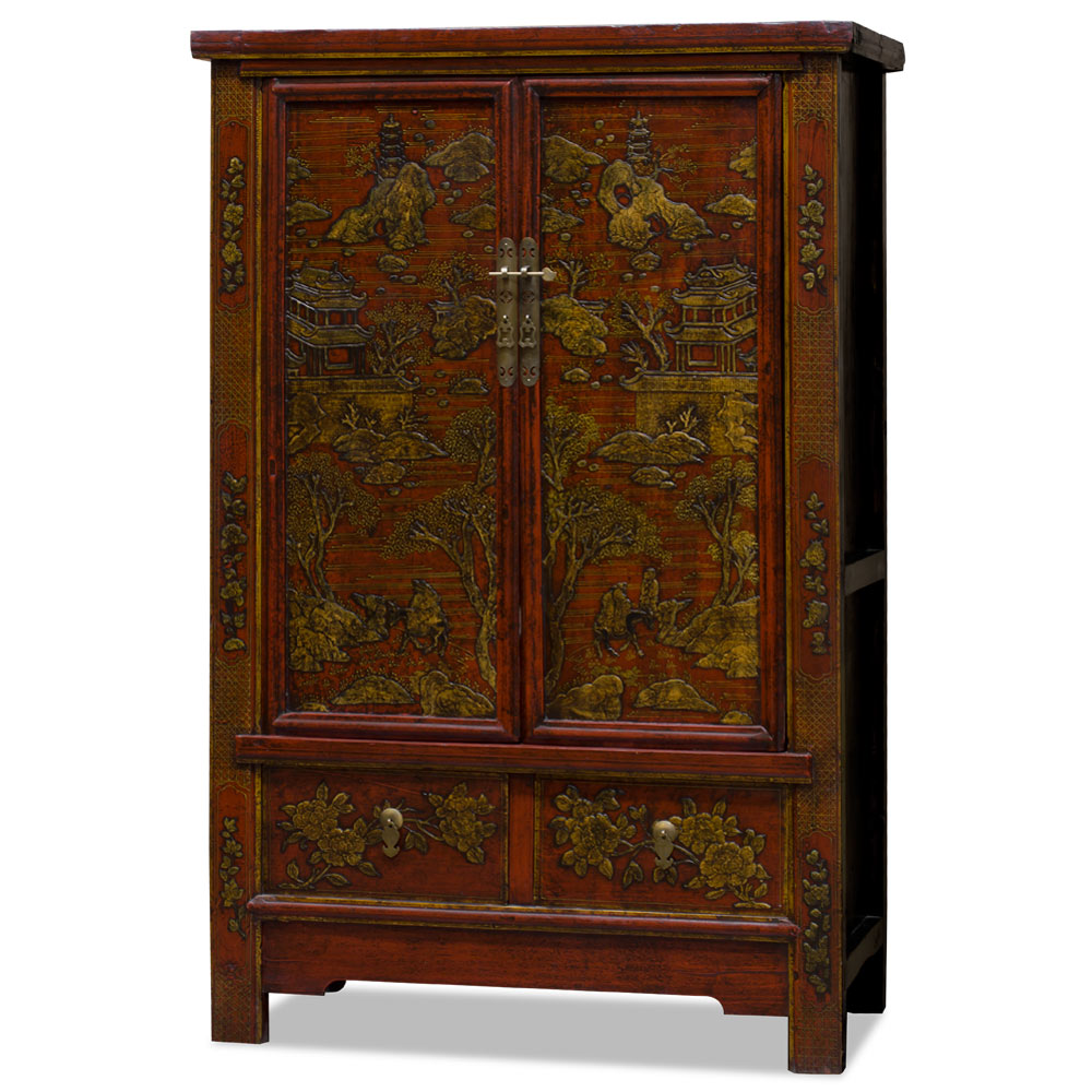 Elmwood Rustic Red and Gold Vintage Chinoiserie Chinese Palace Armoire