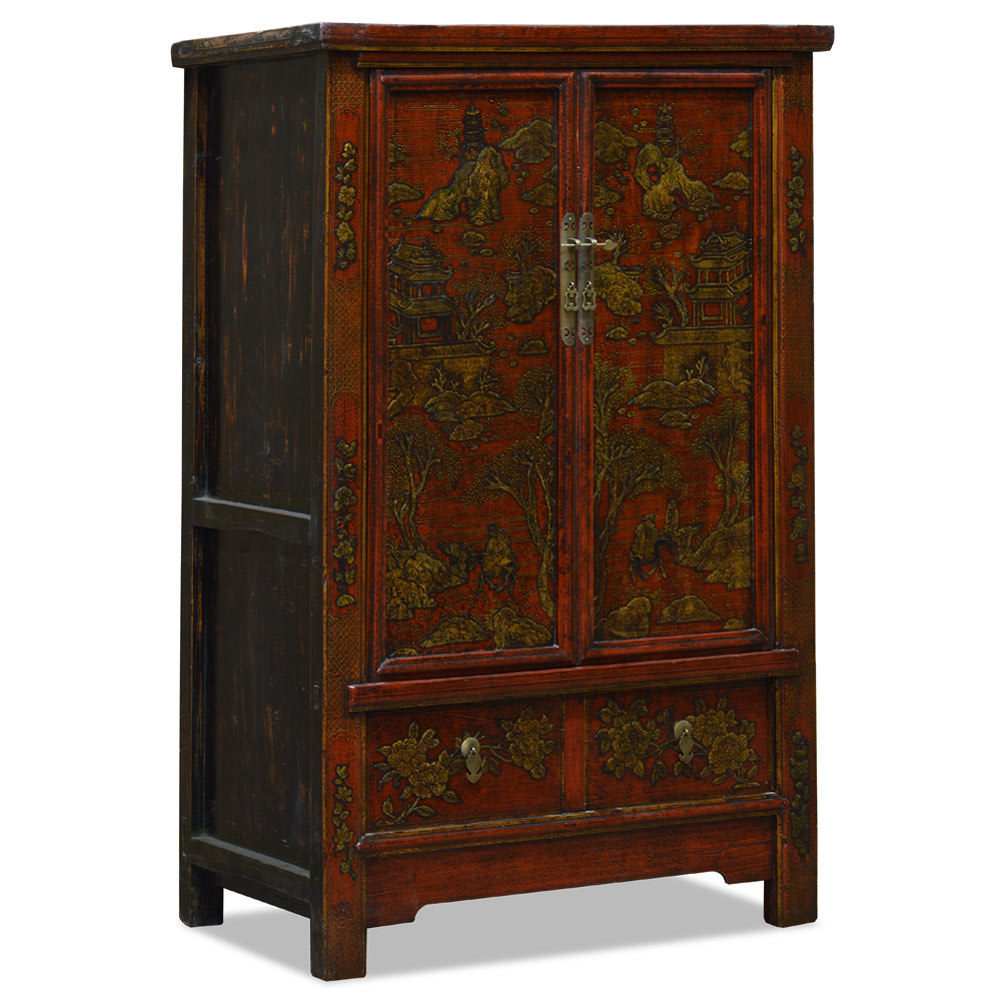 Elmwood Rustic Red and Gold Vintage Chinoiserie Chinese Palace Armoire