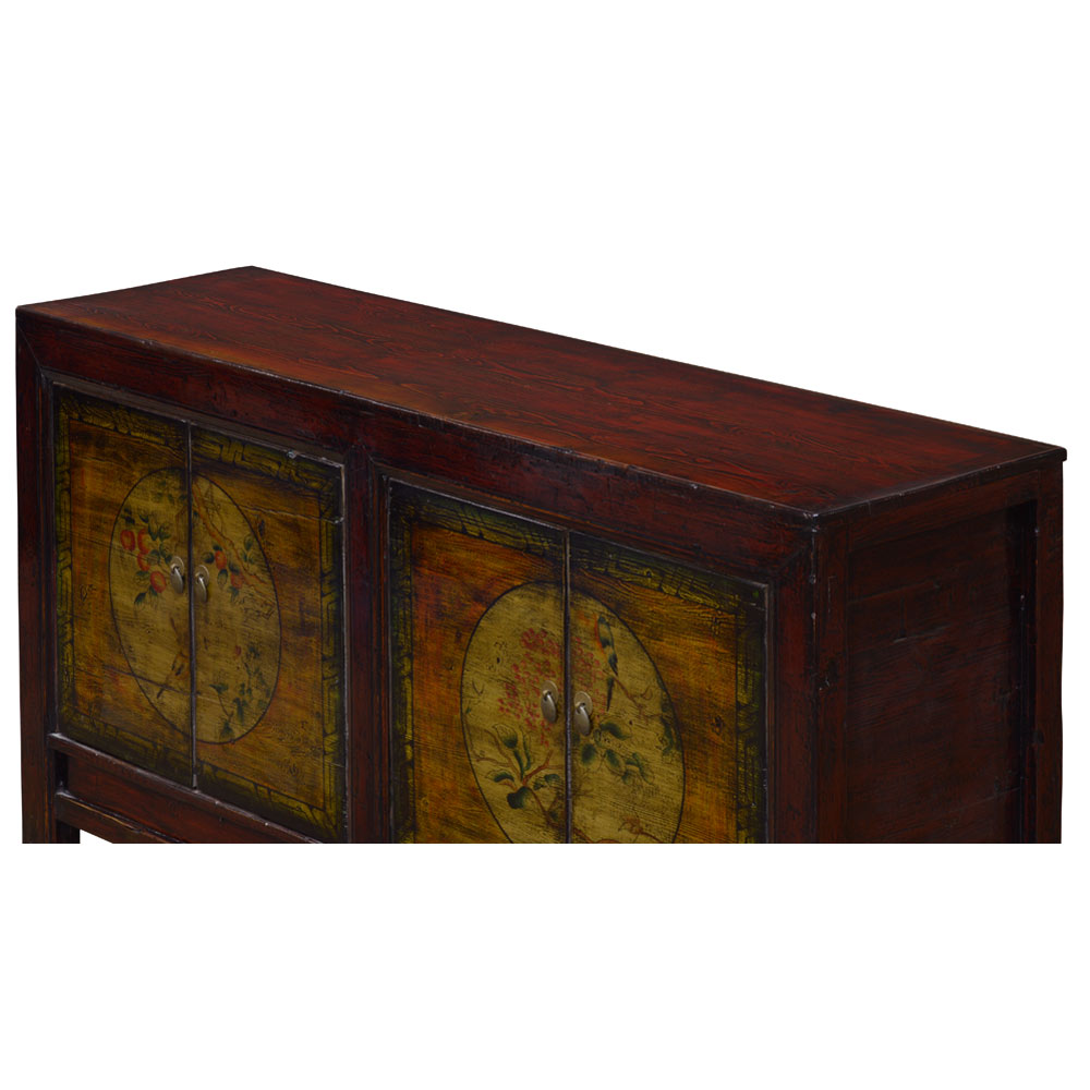 Hand Painted Distressed Dark Orange Bird and Flower Elmwood Tibetan Cabinet
