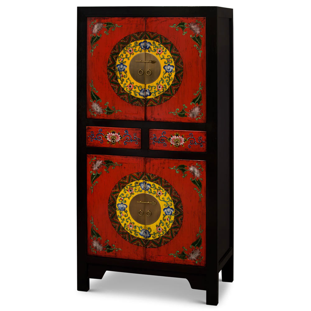 Red and Black Elmwood Flower Motif Tibetan Tall Cabinet