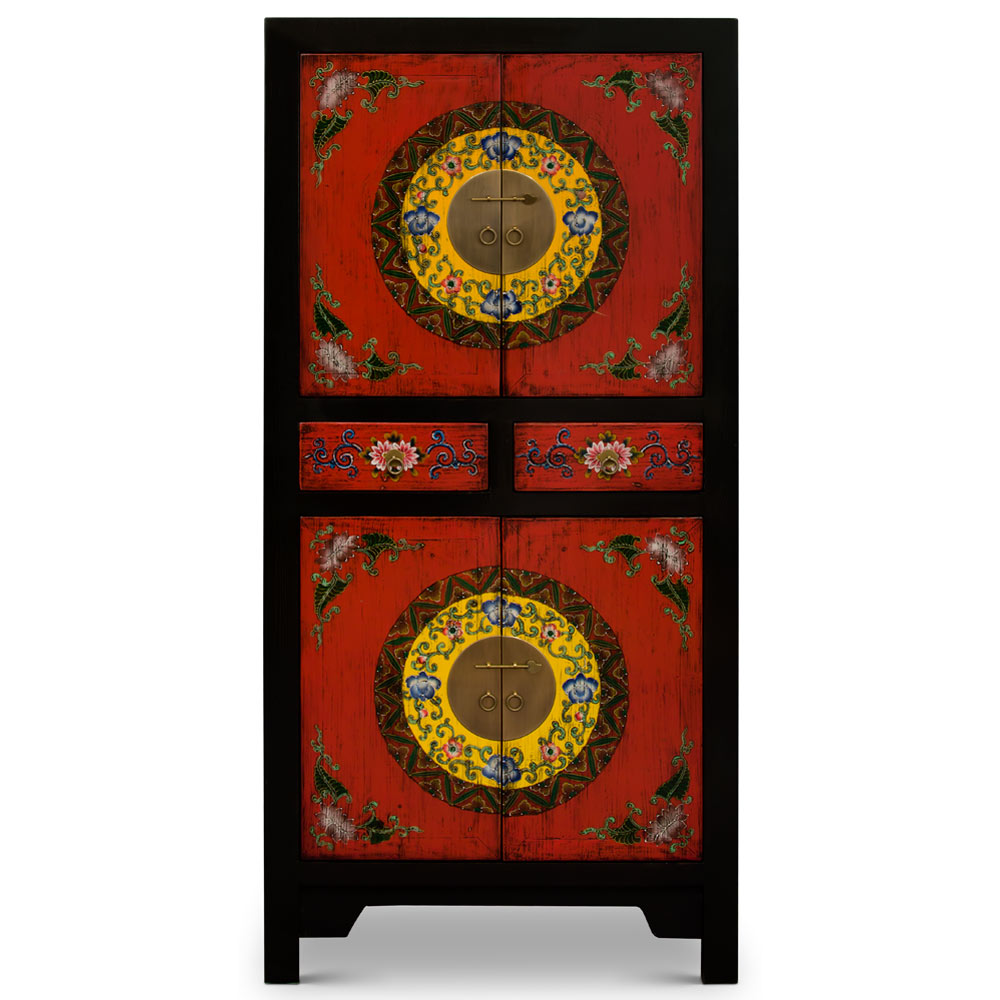 Red and Black Elmwood Flower Motif Tibetan Tall Cabinet