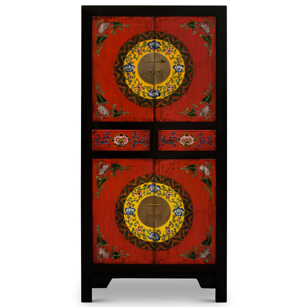 Red and Black Elmwood Flower Motif Tibetan Tall Cabinet