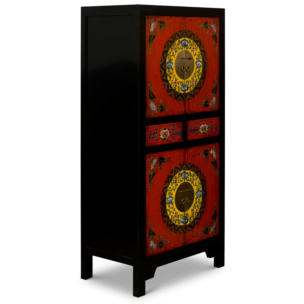 Red and Black Elmwood Flower Motif Tibetan Tall Cabinet