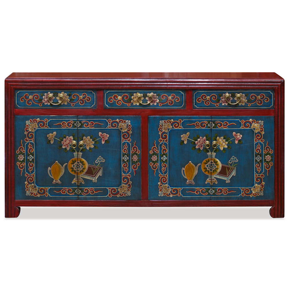 Distressed Red and Blue Flower Vase Motif Elmwood Oriental Cabinet