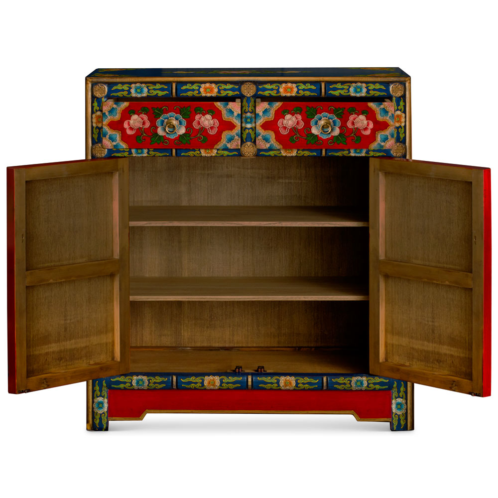 Hand Painted Red and Blue Peony Motif Tibetan Cabinet