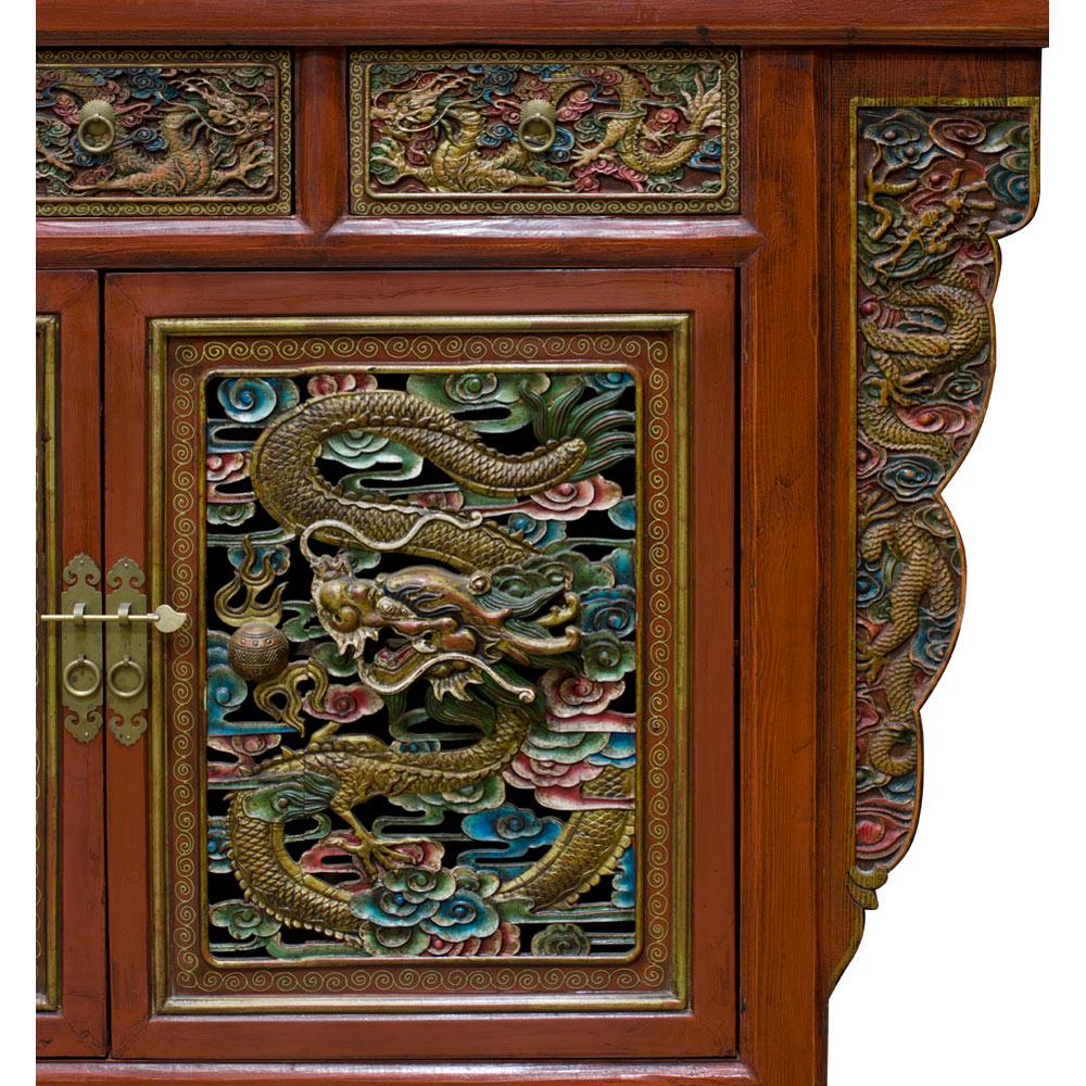 Elmwood Hand Carved Imperial Dragon Motif Pastel Red Chinese Altar Cabinet