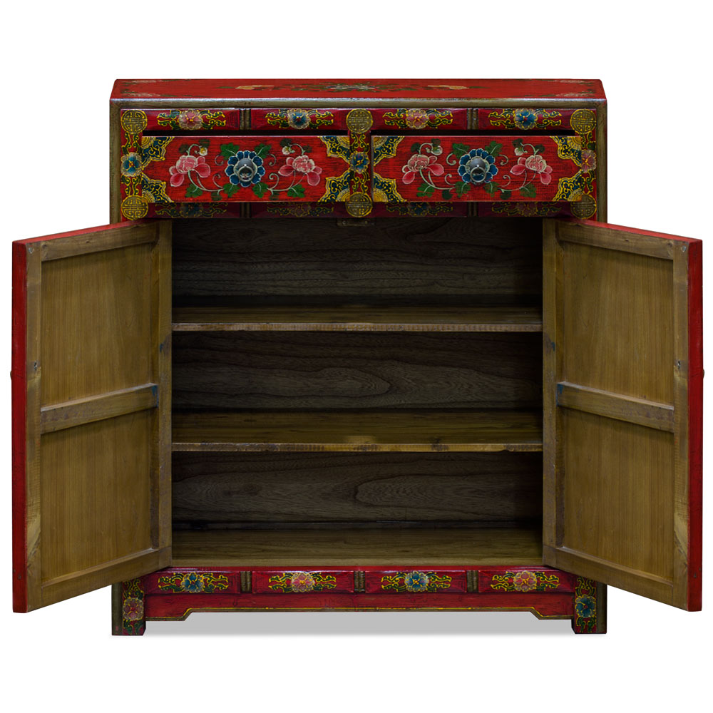 Hand Painted Red Peony Motif Tibetan Chest
