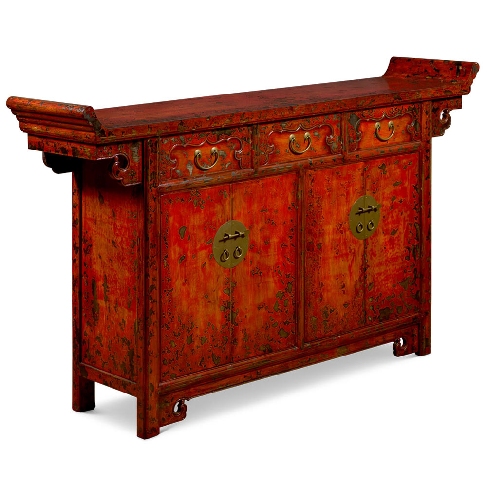 Vintage Elmwood Distressed Orange Red Altar Style Oriental Sideboard