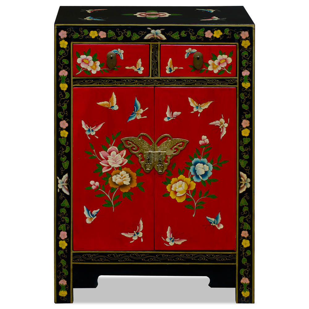 Red and Black Hand Painted Elmwood Butterfly Motif Oriental Cabinet