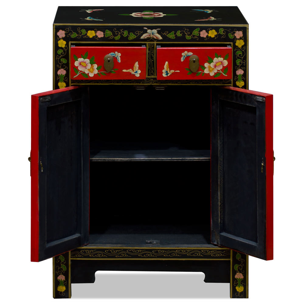 Red and Black Hand Painted Elmwood Butterfly Motif Oriental Cabinet