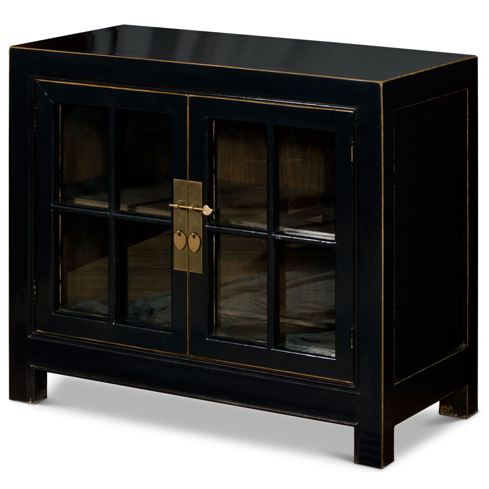 Distressed Black Elmwood Ming Style Asian Cabinet with Glass Doors