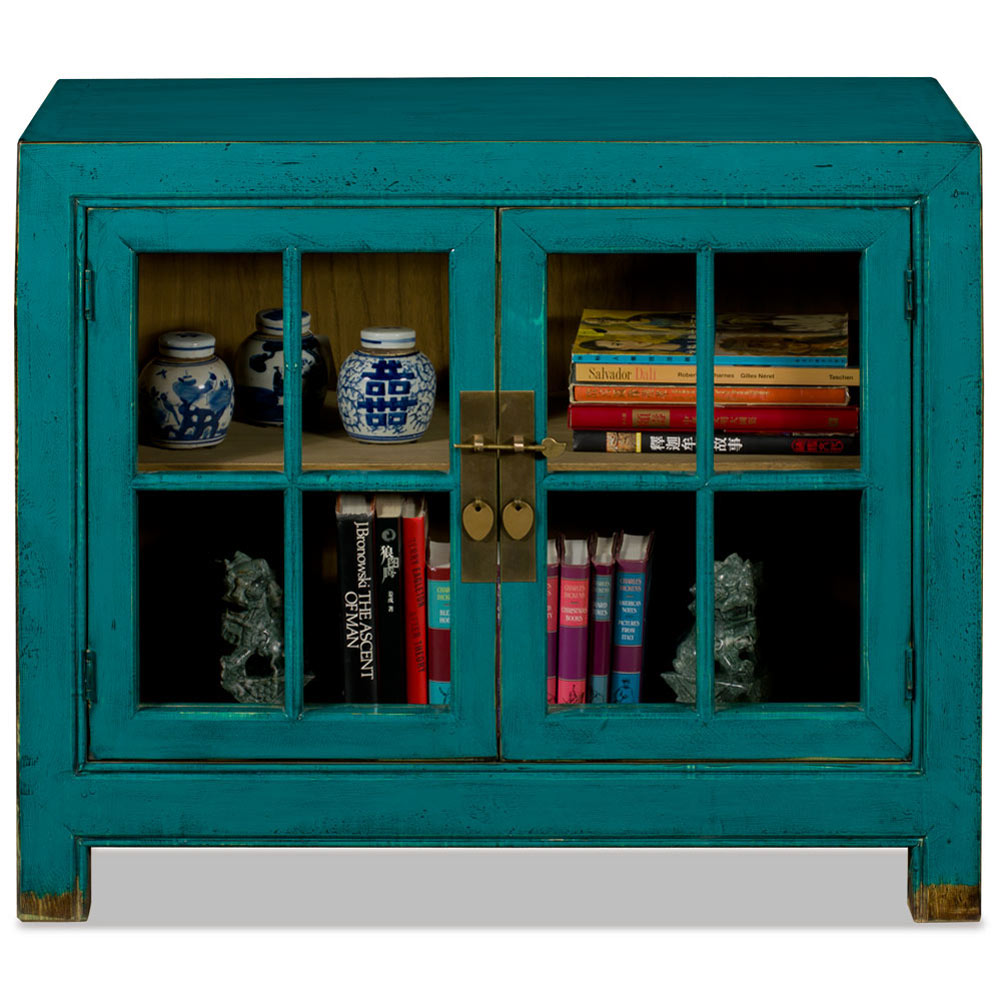 Distressed Teal Elmwood Ming Style Asian Cabinet with Glass Doors