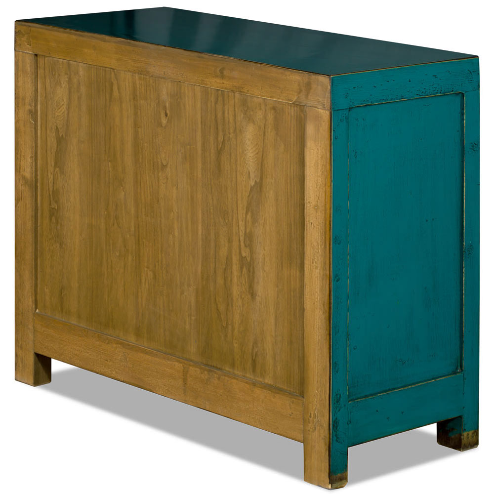 Distressed Teal Elmwood Ming Style Asian Cabinet with Glass Doors