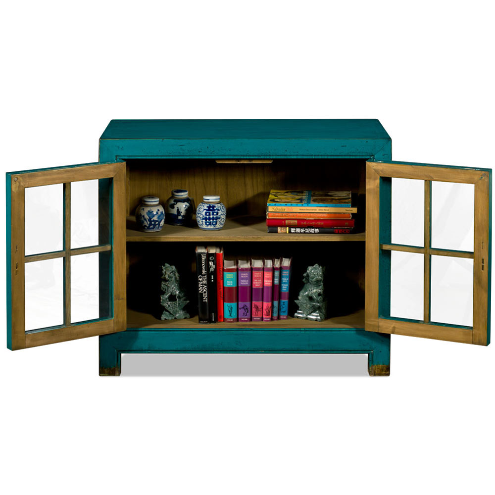 Distressed Teal Elmwood Ming Style Asian Cabinet with Glass Doors