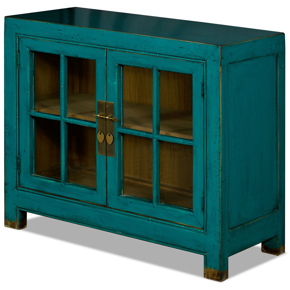 Distressed Teal Elmwood Ming Style Asian Cabinet with Glass Doors